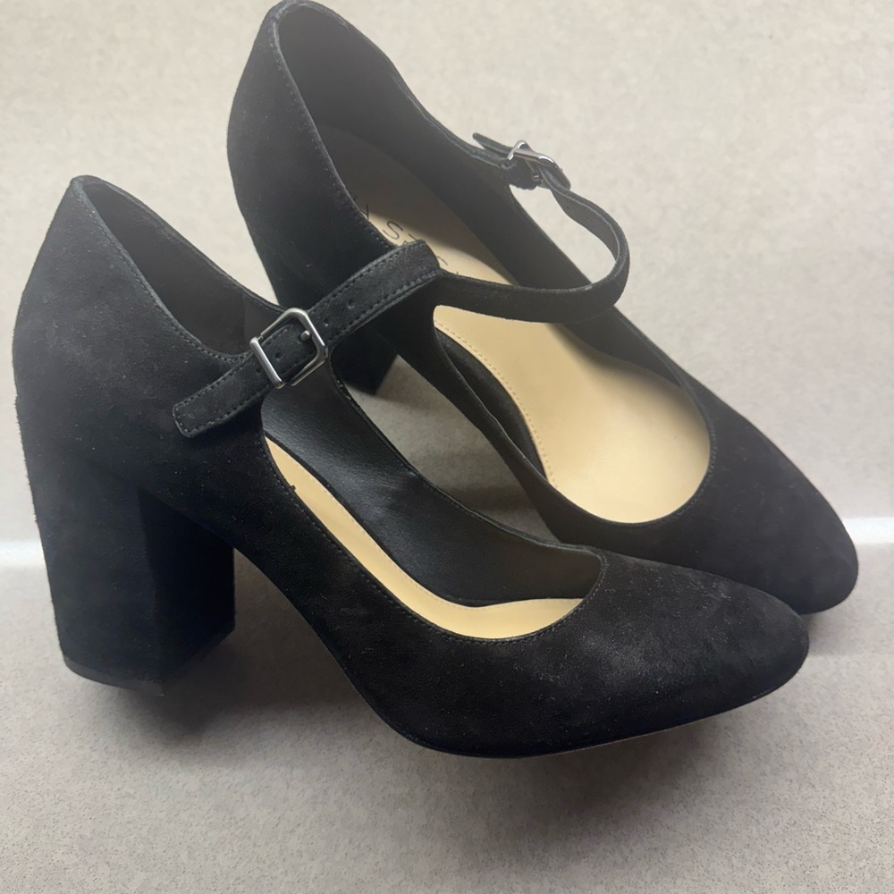 Via Spiga Classic Black Suede Mary Jane Heels.